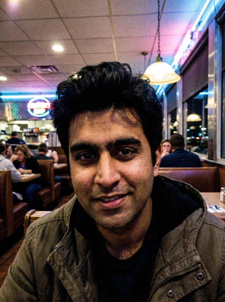 Original selfie input — man in a dark jacket inside a restaurant